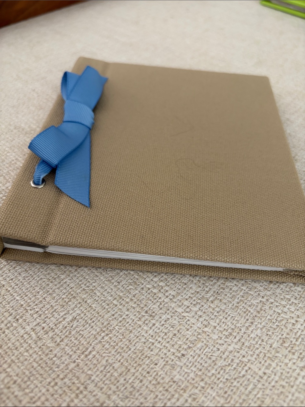 Tan Canvas Photo Album with Blue Ribbon Accent